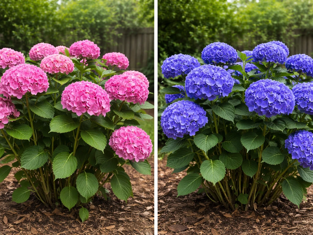 Hydrangea blooms showing pink vs blue outcomes after fixes