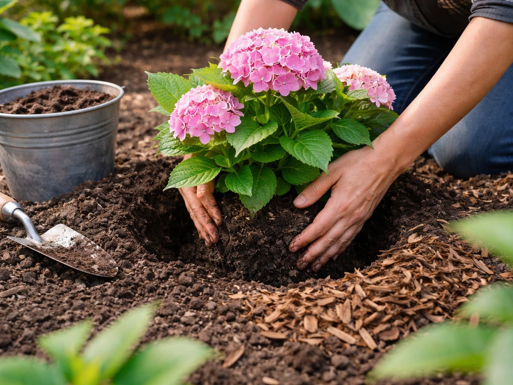Hydrangea being planted with amended soil around the roots