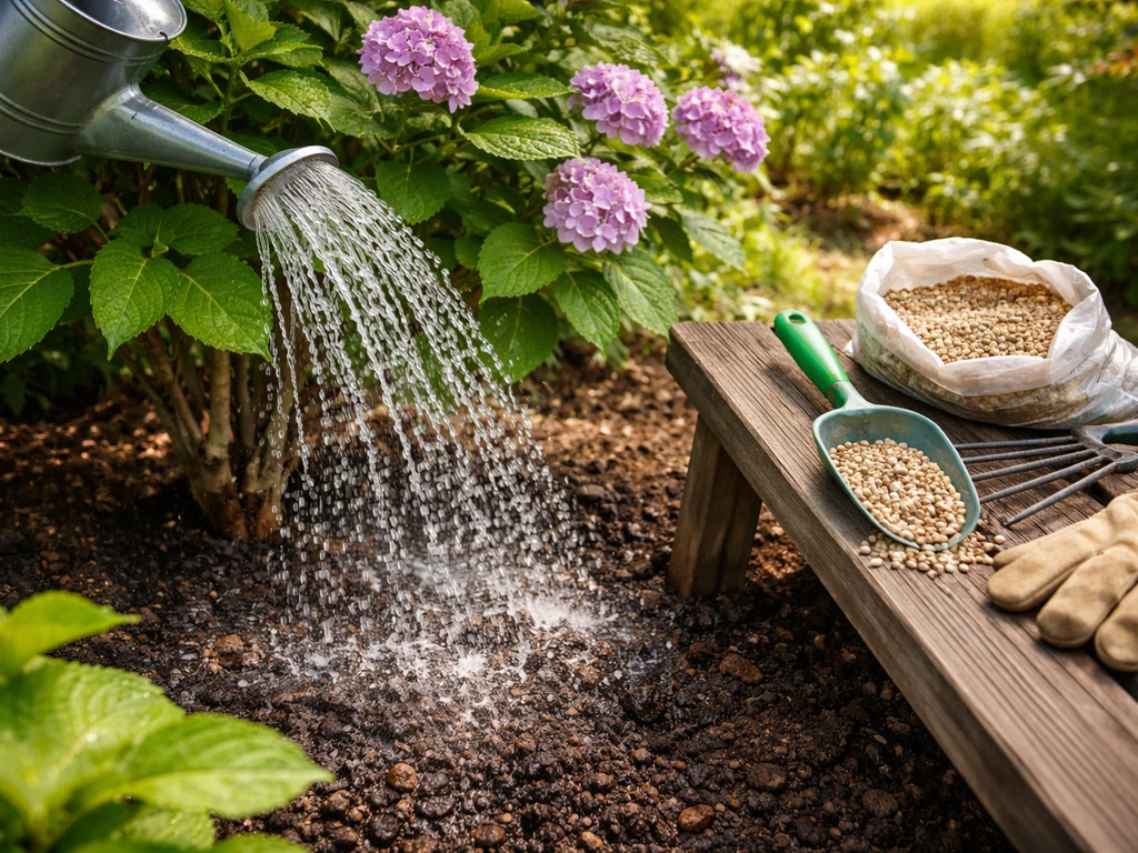 Hydrangea soaking under a watering can with fertilizer nearby