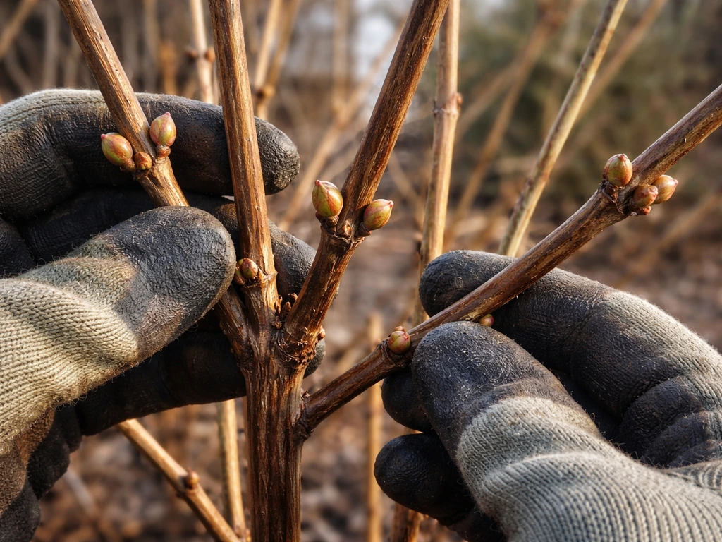 Old-wood hydrangea stems with visible bud positions before winter