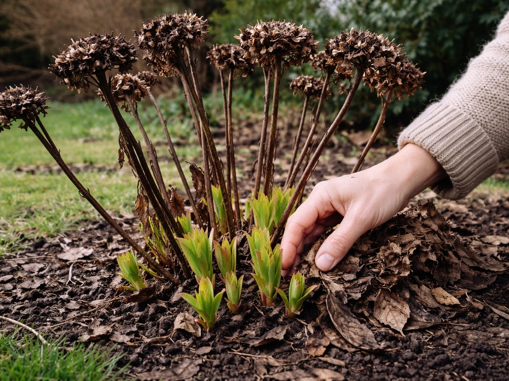 Winter-damaged hydrangea stems showing dead buds and new growth