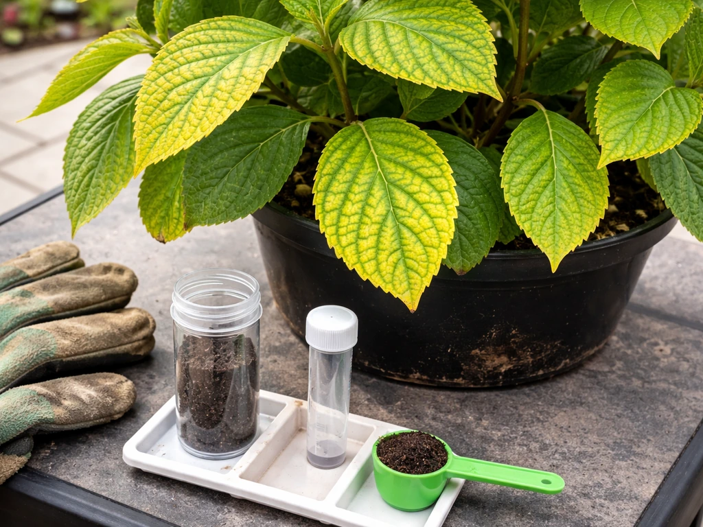 Yellowing hydrangea leaves (chlorosis) with soil test tools