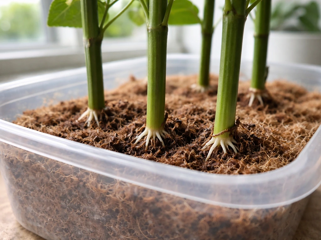 Fresh hibiscus stem cuttings in clear container with rooting medium, roots beginning to form.