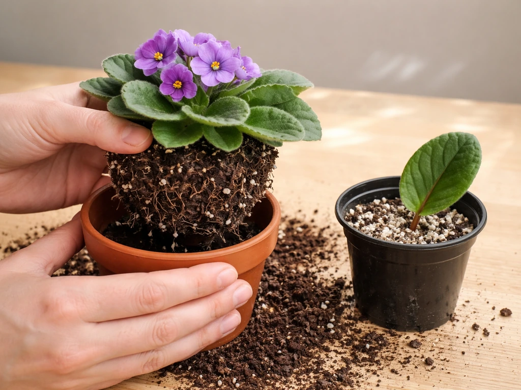 African violet being gently repotted with a leaf cutting placed in a small rooting pot beside it.