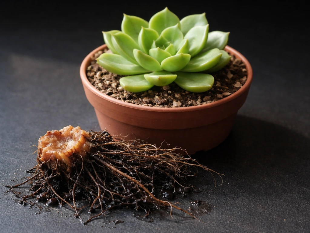 Side-by-side healthy green rosette and brown soft crown with dark wet roots removed from a pot