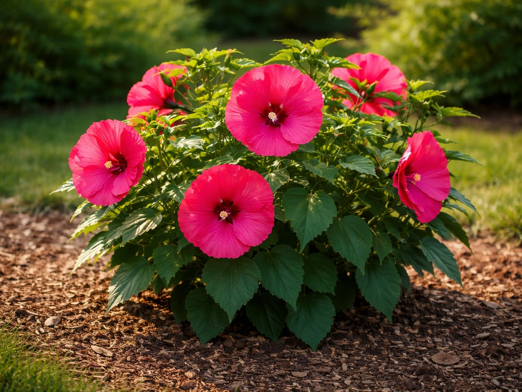 Hardy hibiscus in full bloom in a sunny garden bed with lush green foliage and vibrant flowers.