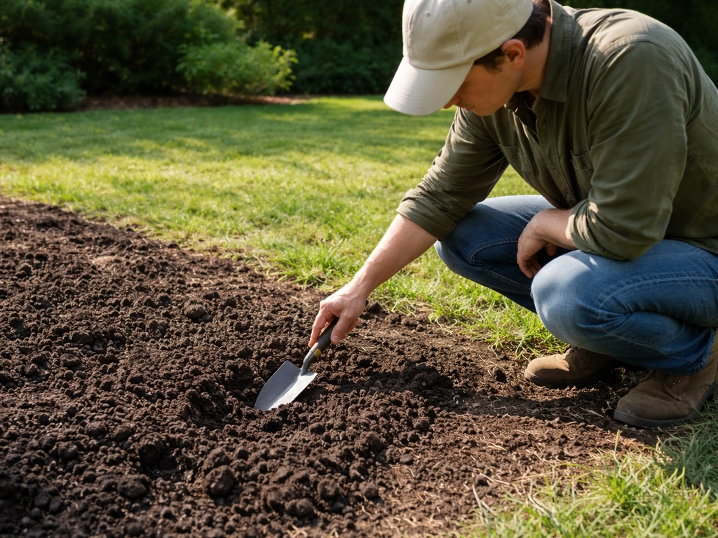 Gardener kneels by a sunny planting spot, checking soil texture and drainage in a garden bed.