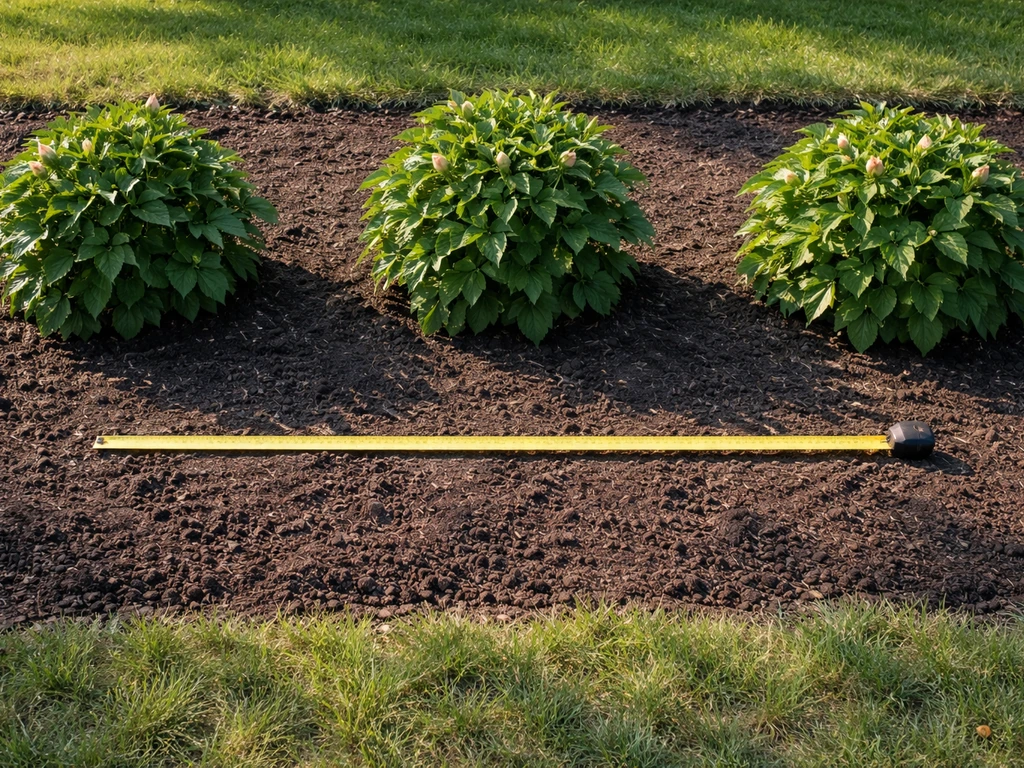 Sunlit garden bed with evenly spaced hibiscus and a measuring tape on the ground showing proper spacing.