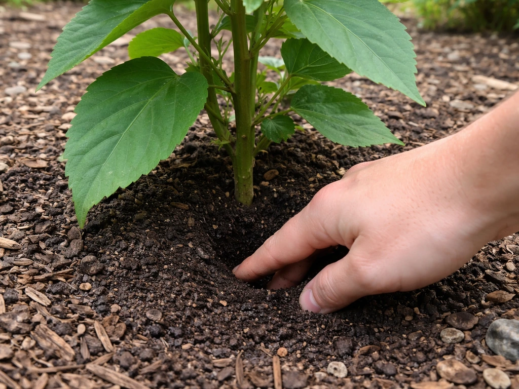 Hand checks soil moisture 2–3 inches near a hardy hibiscus base in an outdoor garden bed.