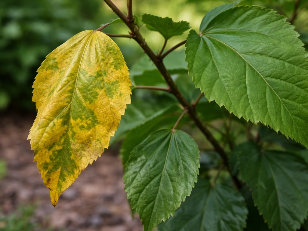 Close-up of hardy hibiscus leaves with yellowing and wilting, next to a healthy green leaf.