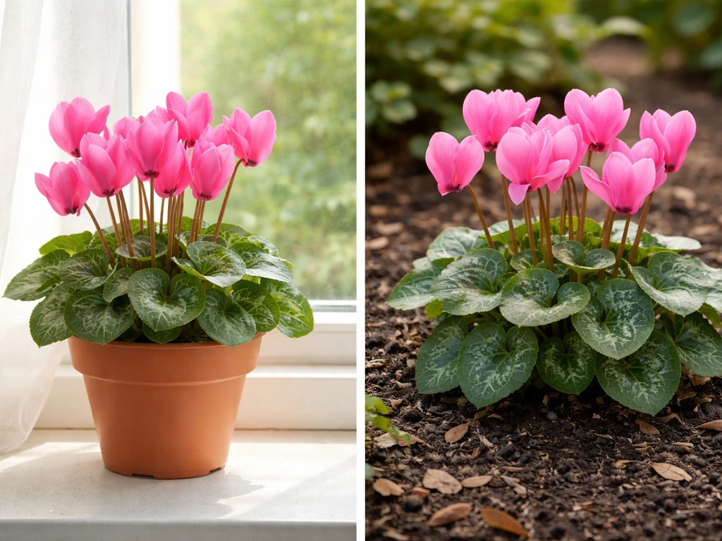 Cyclamen thriving in a bright indoor windowsill pot and a blooming outdoor garden bed.