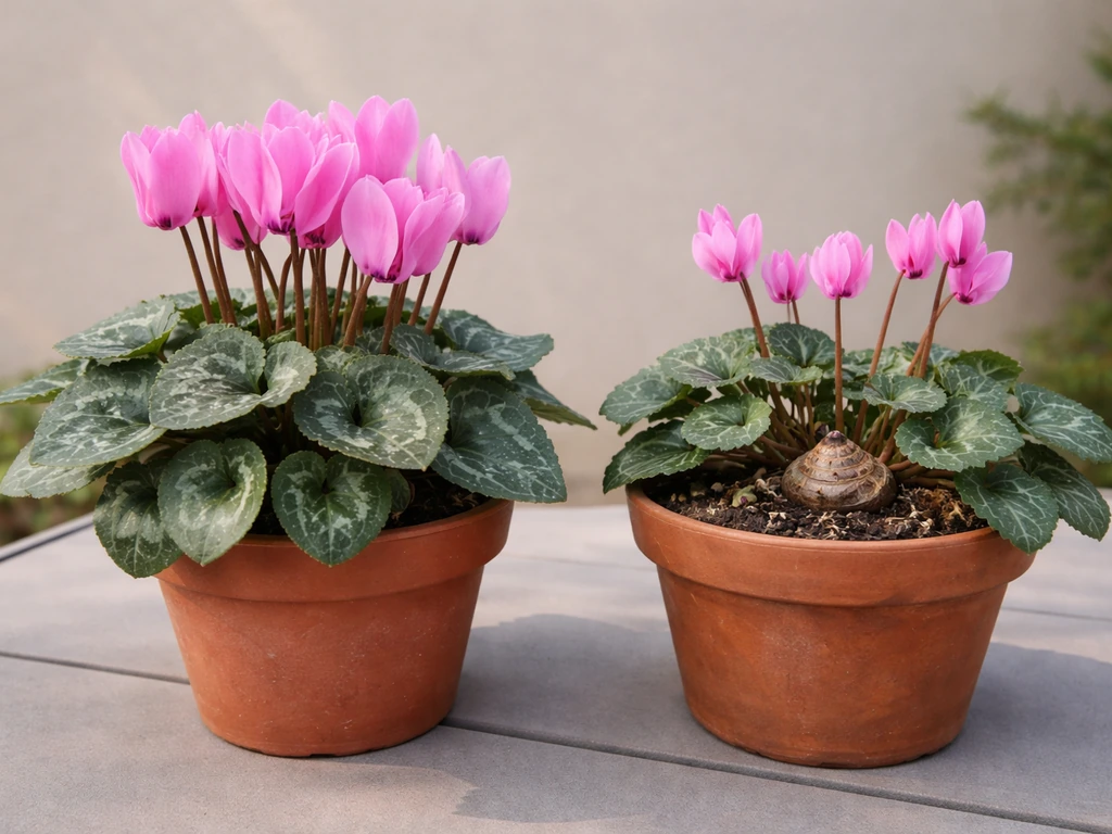 Two potted cyclamen plants side by side, highlighting florist’s vs hardy outdoor growth differences.