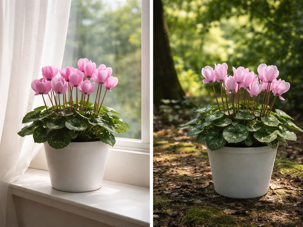 Florist’s cyclamen near a shaded north/east window versus hardy cyclamen in dappled tree shade.