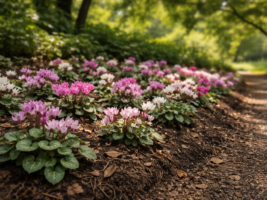 Hardy cyclamen plants nestled in a well-drained garden bed under a dappled shade tree.