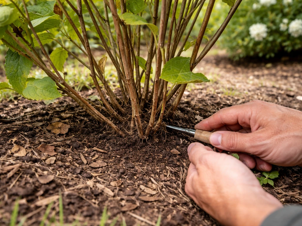 Gardener checking hydrangea for stunted growth and stress signs at the base