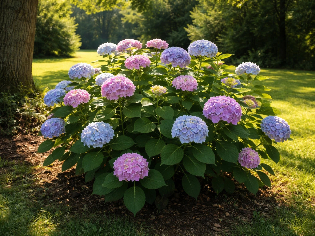 Hydrangea in a sunlit placement with direct light hitting the leaves