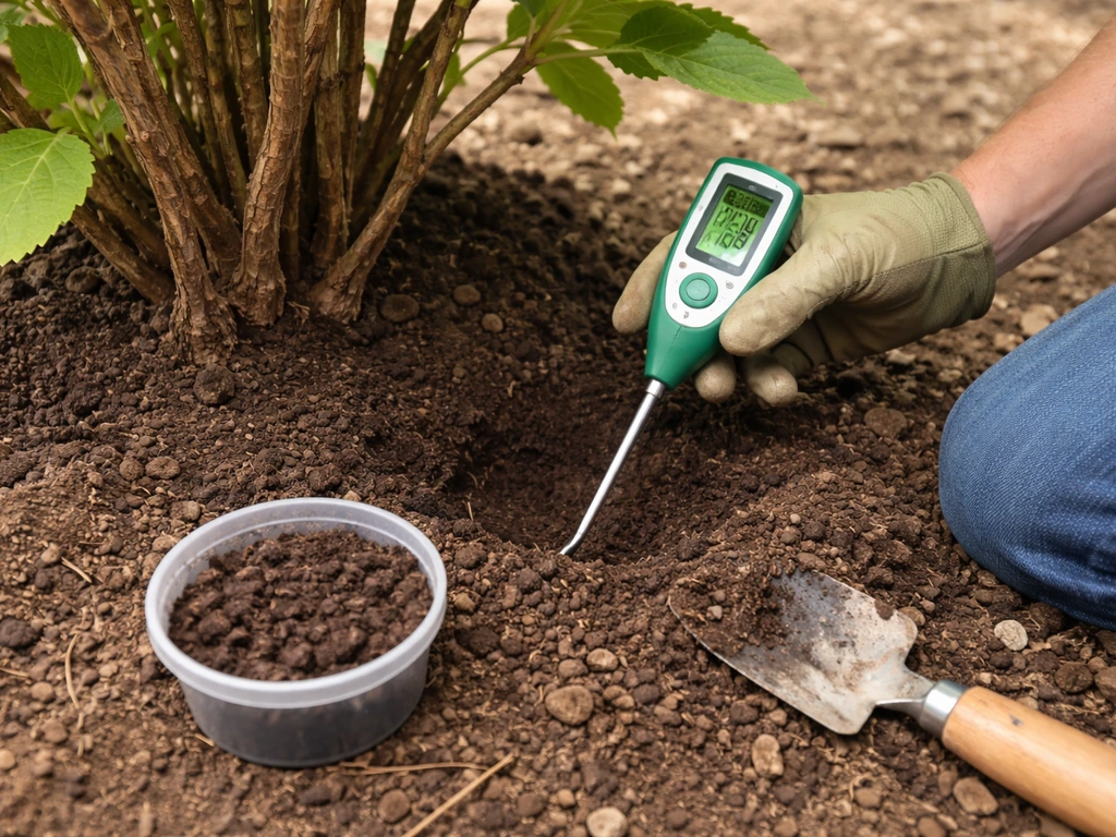 Soil pH test setup at the hydrangea base