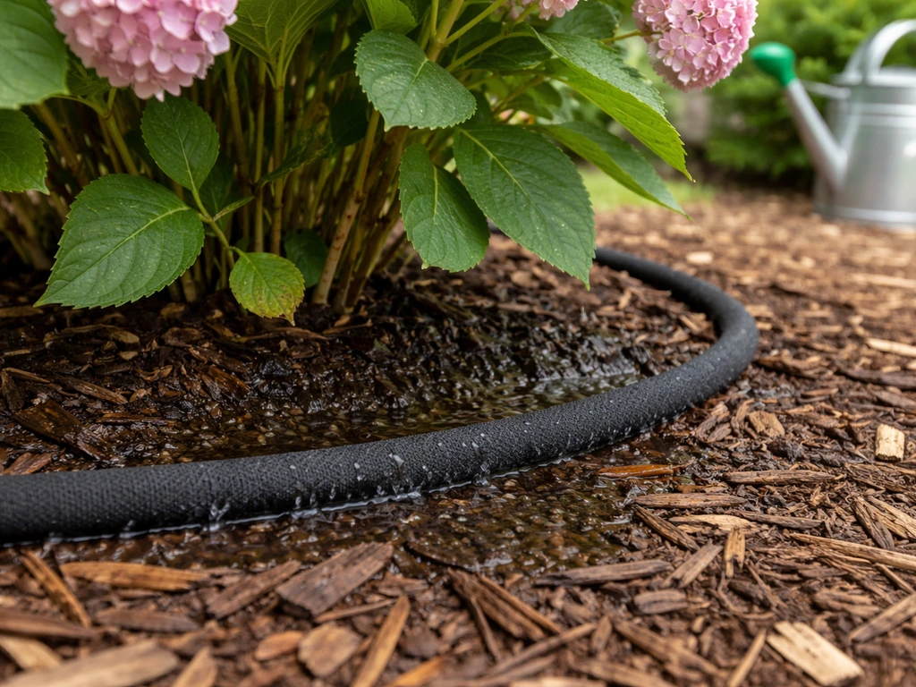 Soaker hose watering hydrangea to avoid drought stress