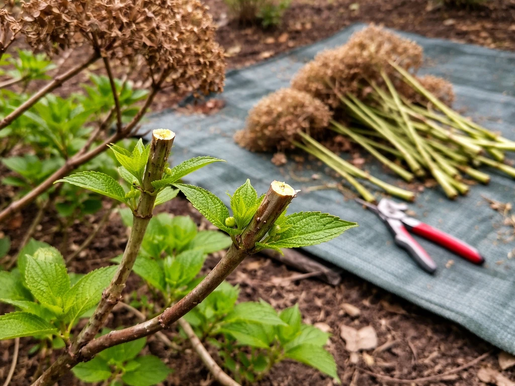 Pruned hydrangea branch showing new buds on old wood/new wood