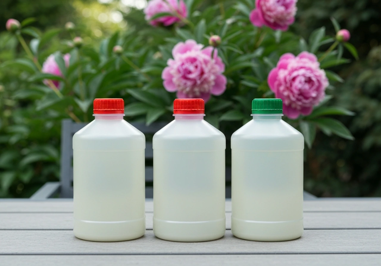 Close-up of three anonymous gardening fertilizer bottles on a patio table with peony flowers behind