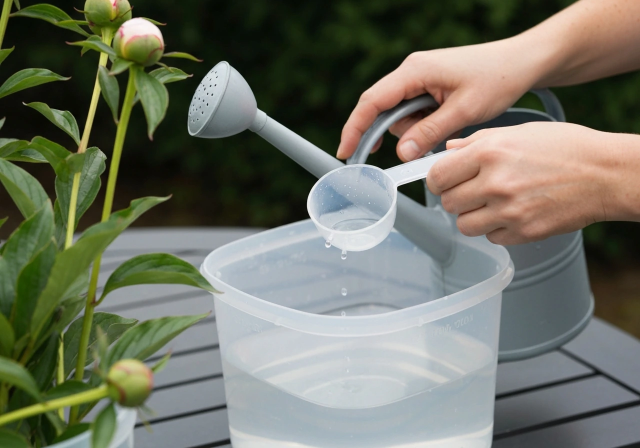 Hands measuring fertilizer and mixing it in a watering can near peony blooms.