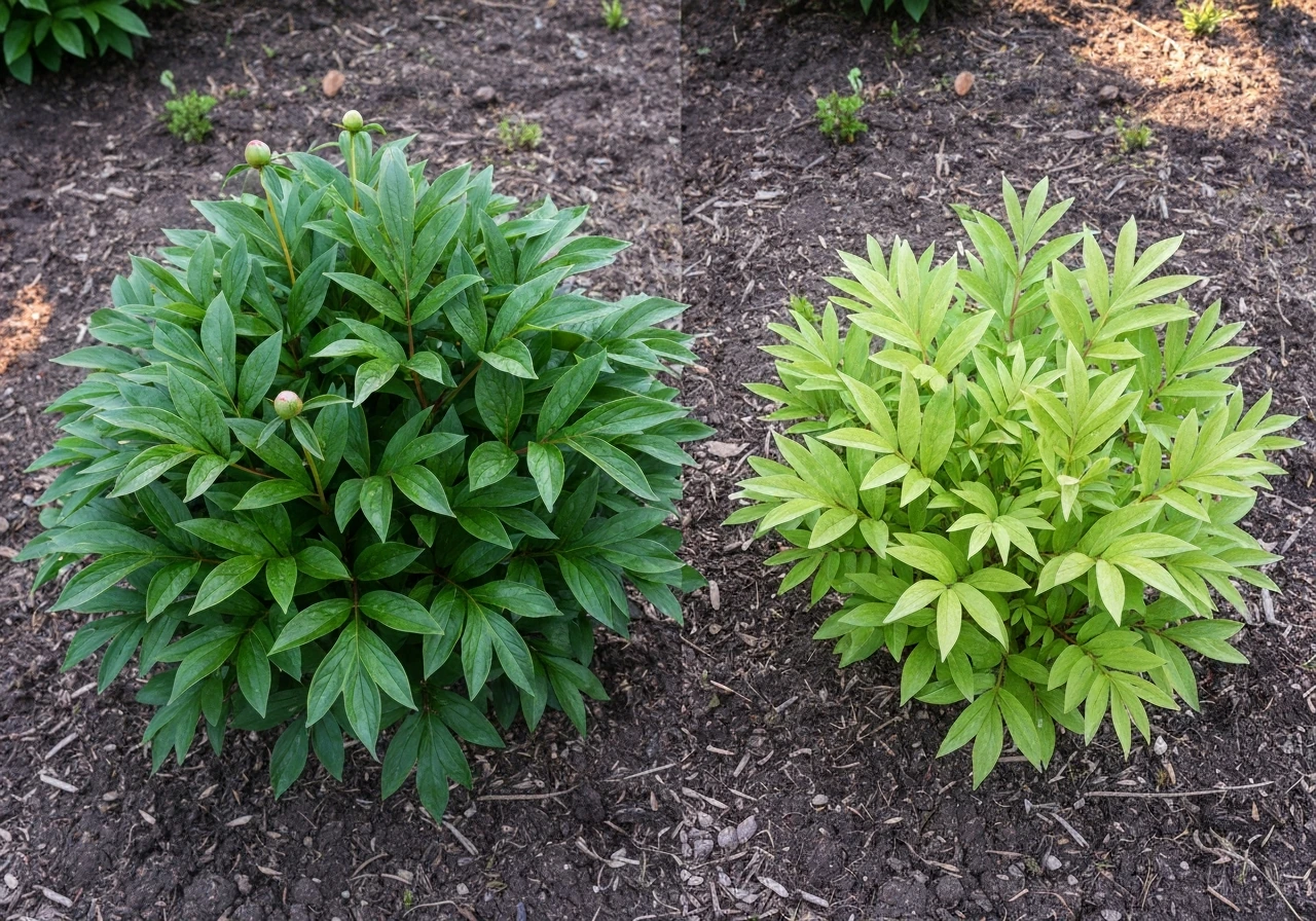 Two peony plants side-by-side showing overfed lush leaves with few blooms versus underfed pale sparse growth