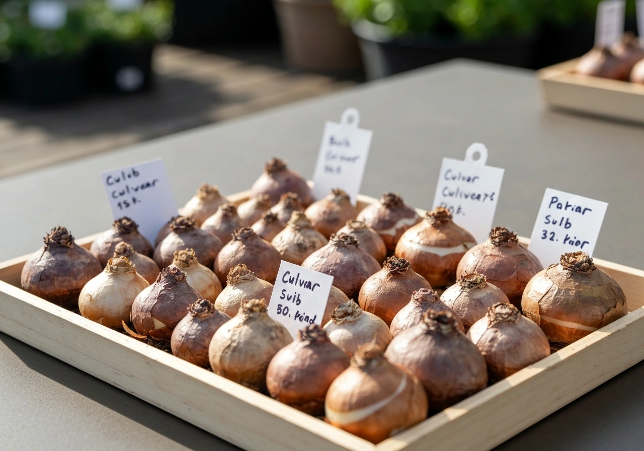 Assorted hyacinth bulbs and labeled varieties laid out on a table for selection.