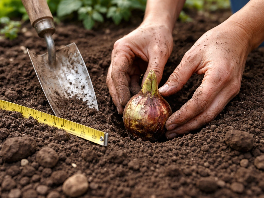 Close-up of hands placing a hyacinth bulb tip-up into loosened soil while measuring depth outdoors.