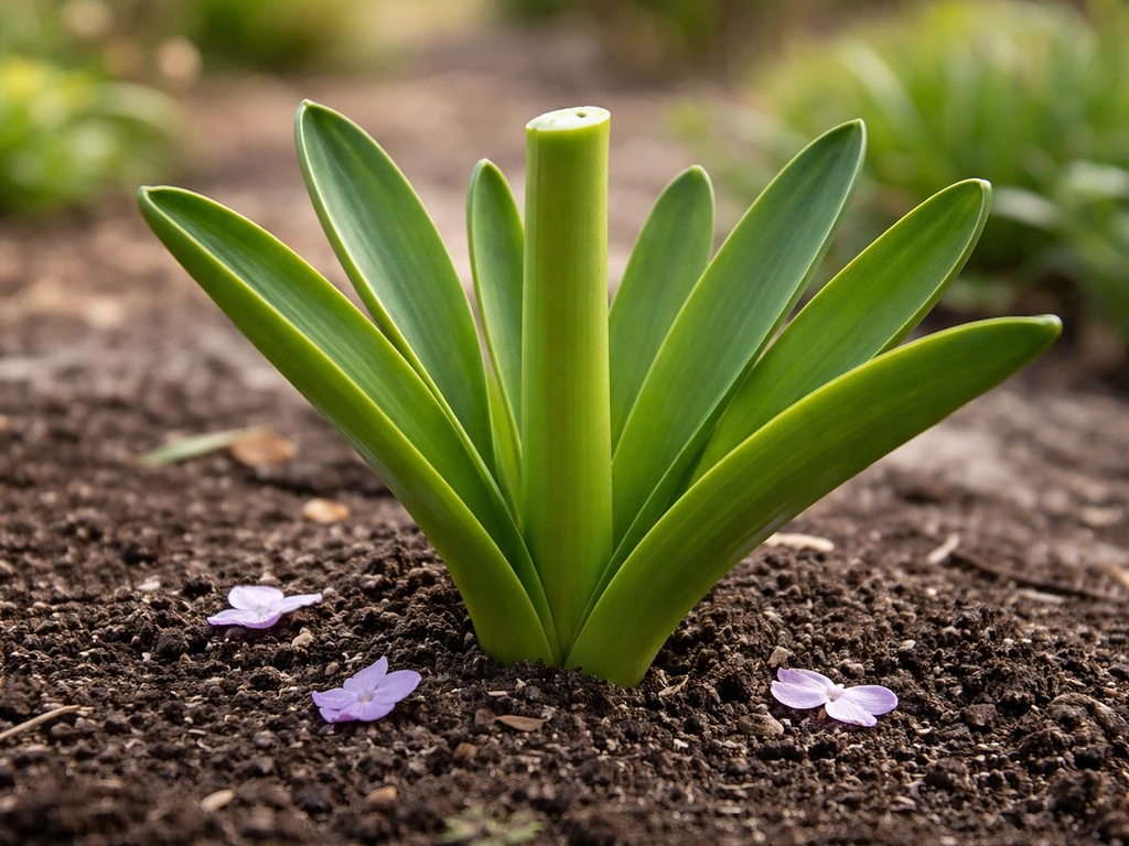Close-up of a deadheaded hyacinth flower spike with healthy green leaves in early spring garden soil.