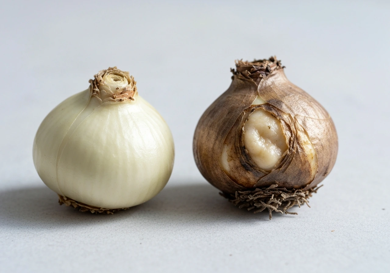 Two hyacinth bulbs side by side: one firm and healthy, one soft and mushy with dark rot.