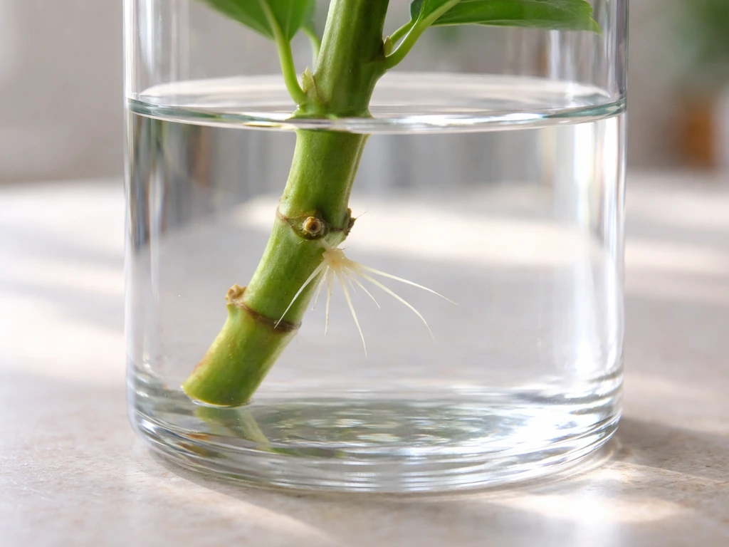 Hibiscus cutting submerged in clear water, nodes visible and small roots starting to grow.