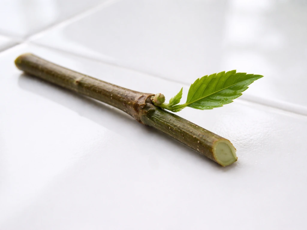 Close-up of a hibiscus semi-hardwood tip cutting with a visible leaf node and angled cut below.