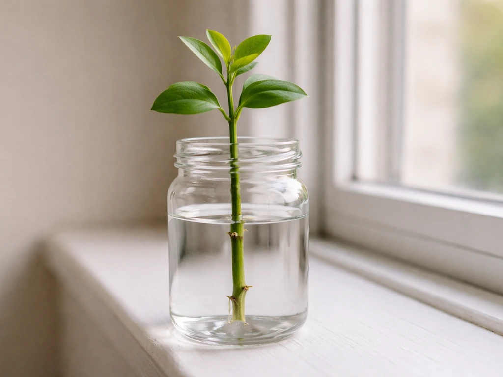 Close-up of a plant cutting in a clear jar, nodes submerged and leaves above water in bright indirect light