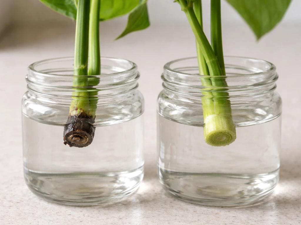 Close-up of plant cuttings in water showing a dark, mushy rotting cut end beside a healthy intact end.