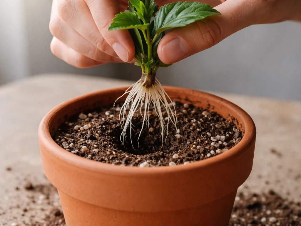 Small rooted hibiscus cutting being gently placed into a slightly larger pot with light soil mix