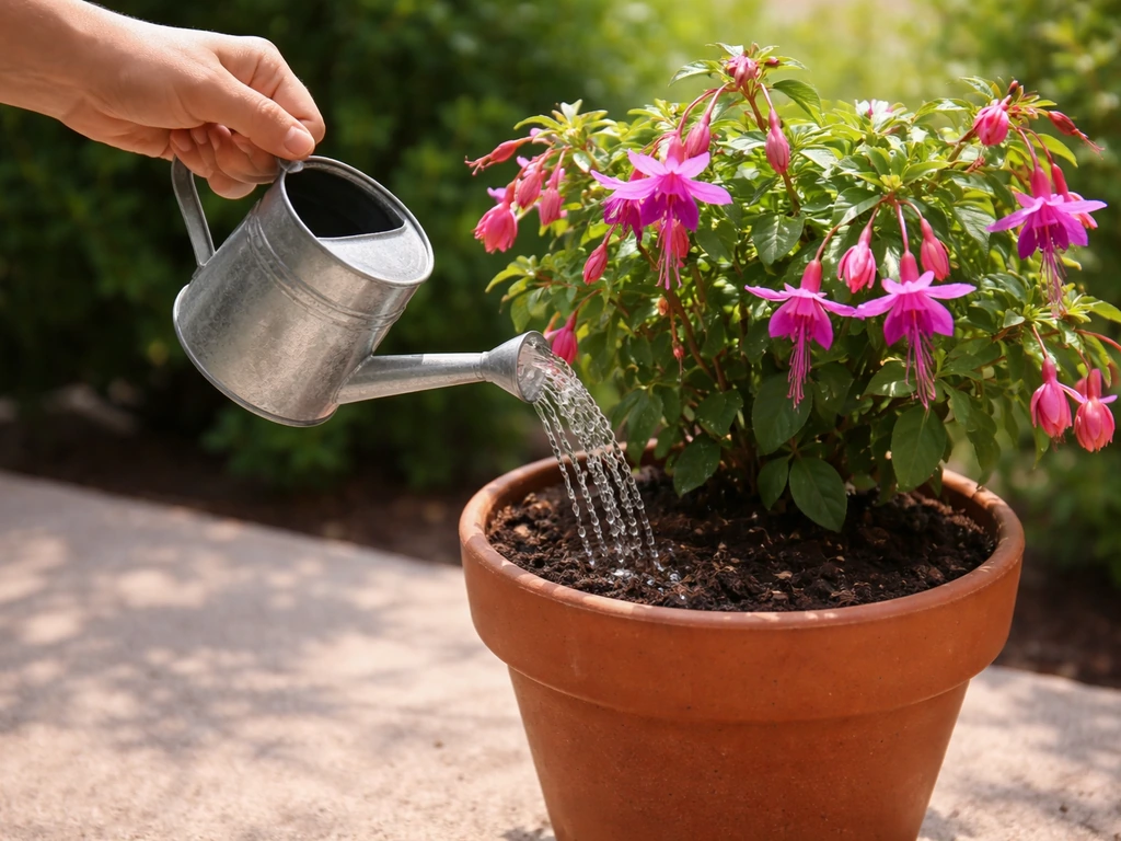 Hand pouring water into a fuchsia pot, moist compost without puddles, natural light patio scene.