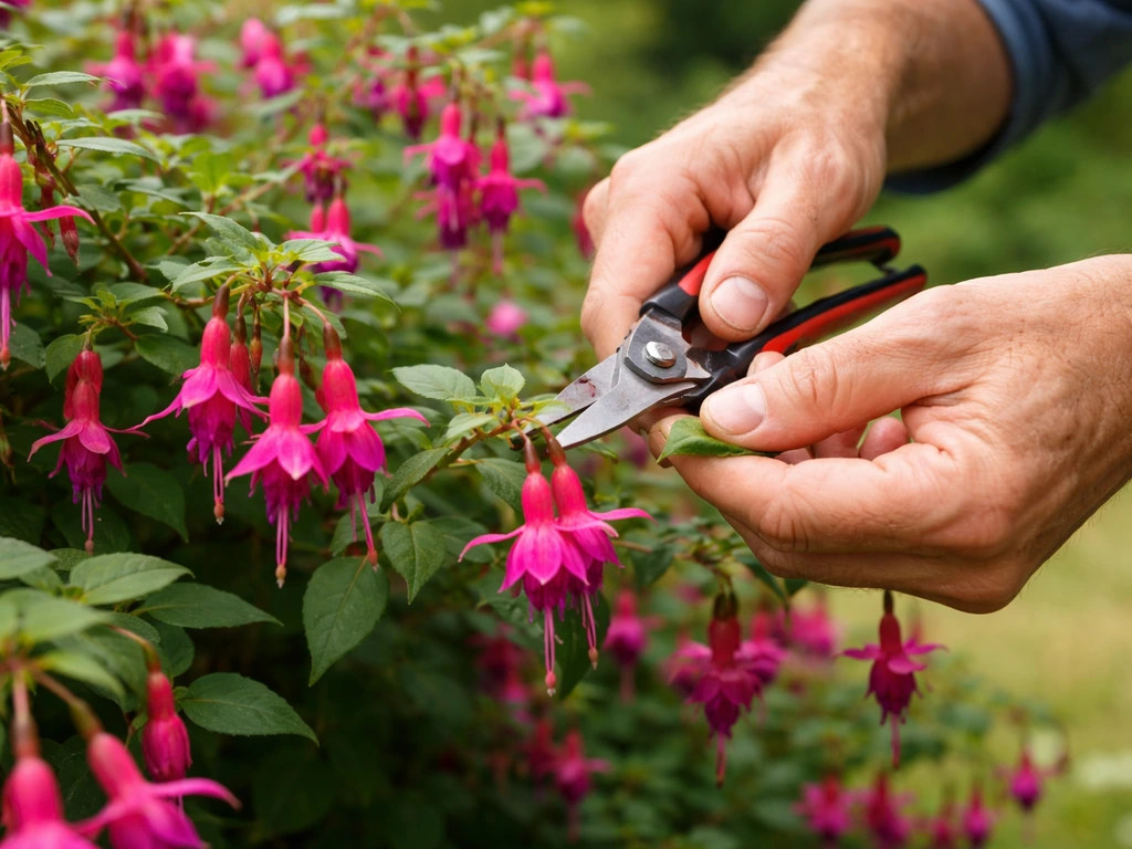 Hands pruning a fuchsia bush with clean cuts on flowering stems, showing new growth shaping
