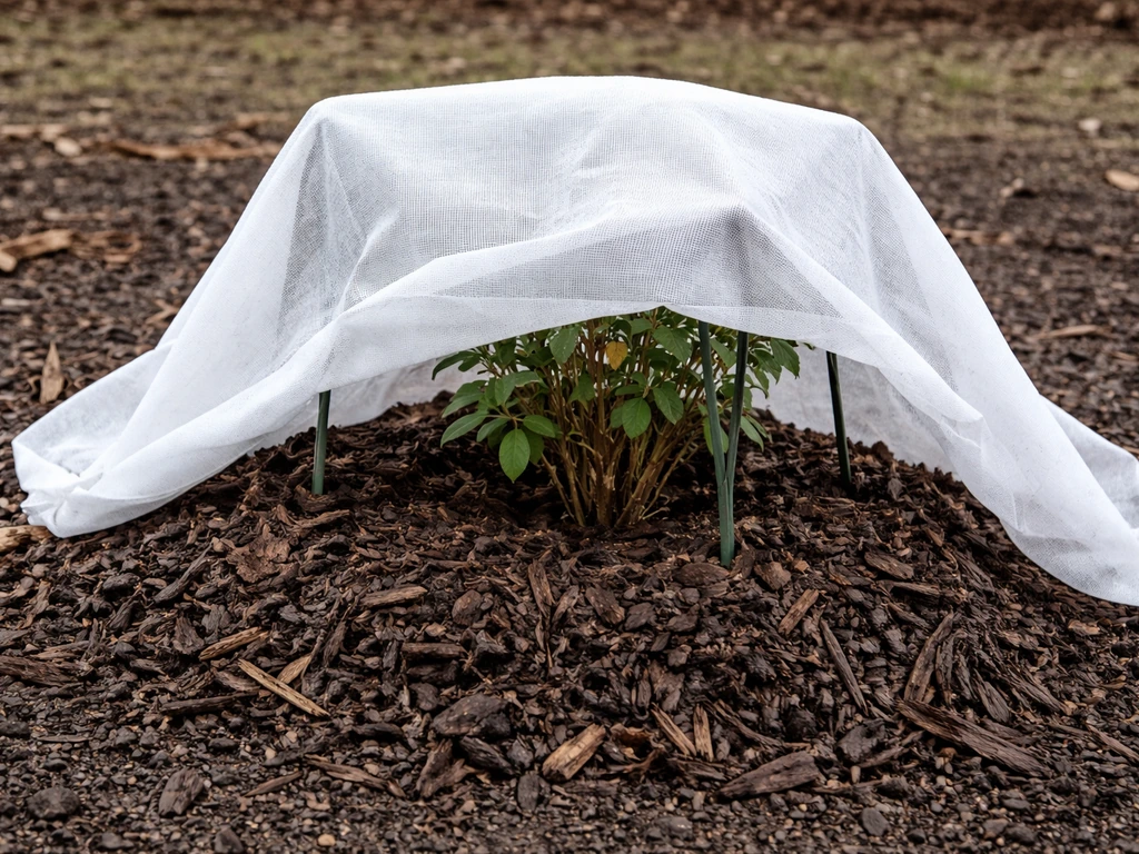 Mulched in-ground fuchsia root area covered with winter fabric shelter against cold wind