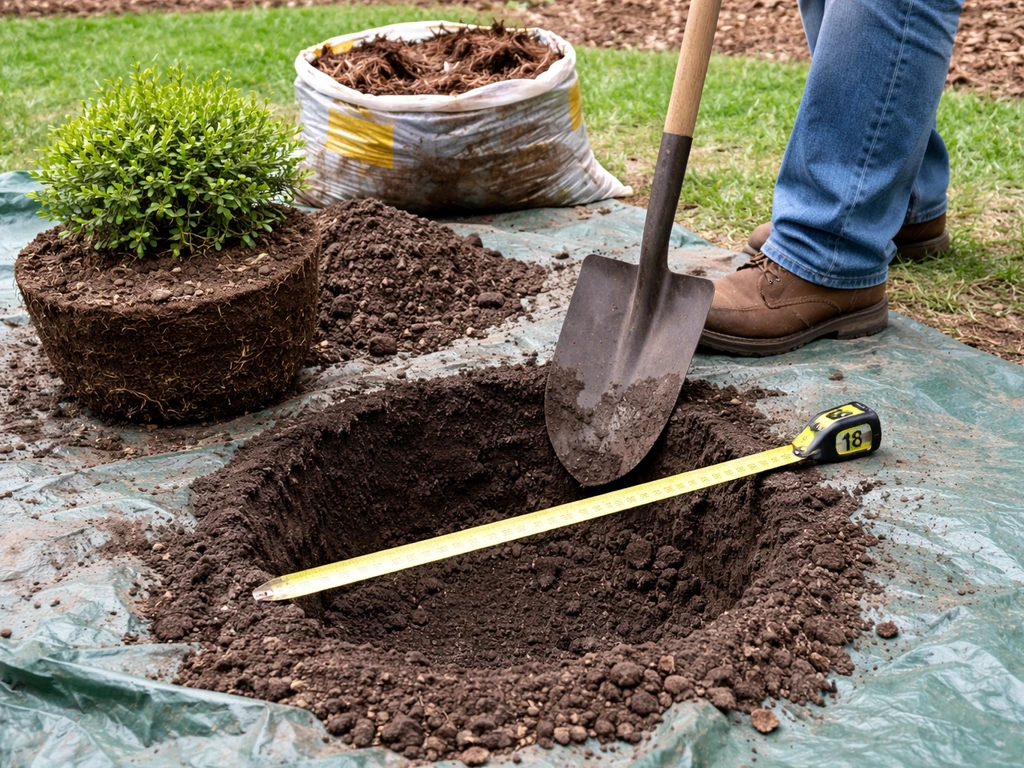 Digging a wide planting hole for an Annabelle hydrangea root ball.