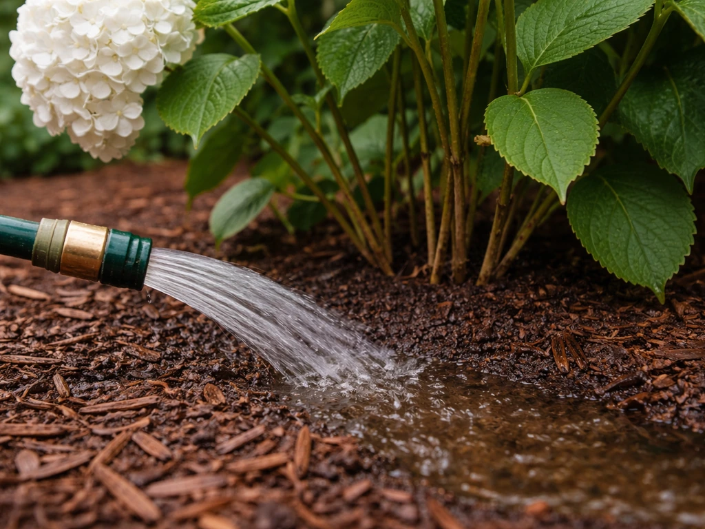 Deep watering the base of a hydrangea to keep soil evenly moist.
