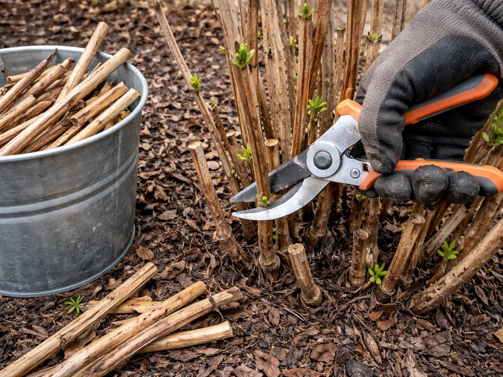 Pruning Annabelle hydrangea stems with hand pruners before new growth.