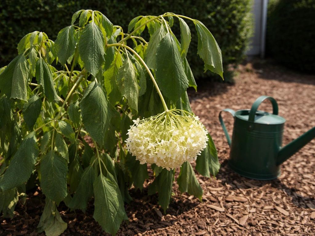 Afternoon wilt on Annabelle hydrangea leaves in hot sun.