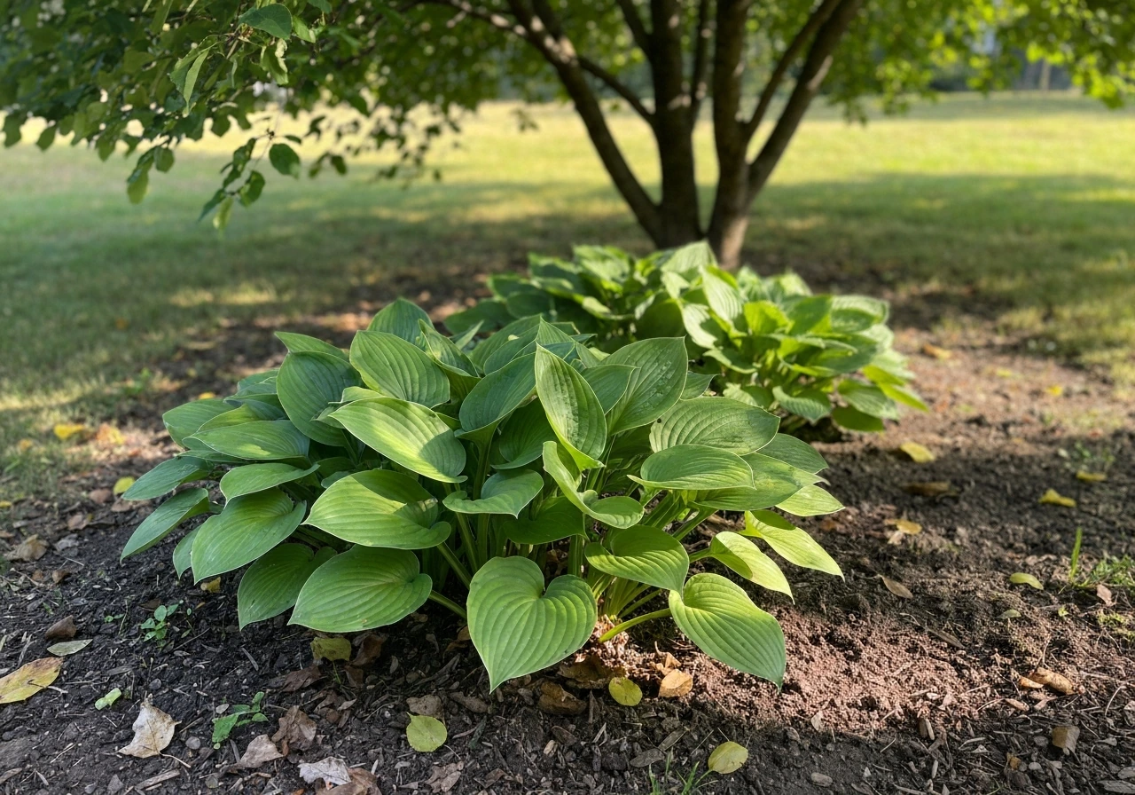 Hostas in a garden bed under deciduous trees, catching morning sunlight with afternoon shade