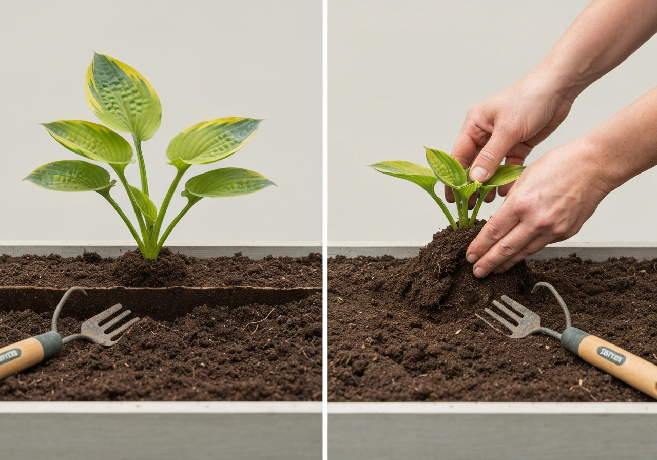 Two hostas side by side showing correct crown depth vs crown buried too deep.