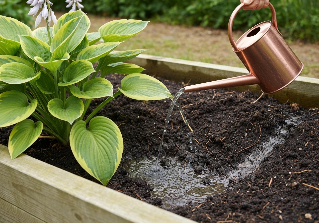 Watering a hosta at the soil line with wet soil soaking in, no pooling to show proper drainage.