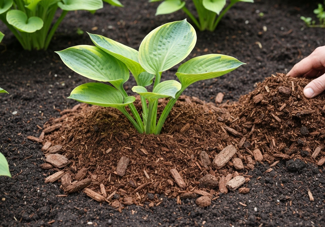 Close-up of a hosta with 2–4 inches of mulch spread around it for weed control and moisture.