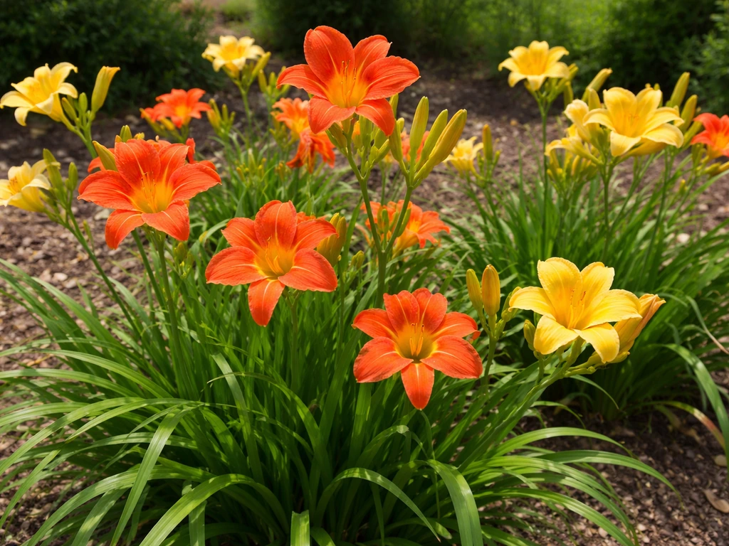 Sunlit hemerocallis daylilies in bloom with healthy green foliage in a home garden bed.