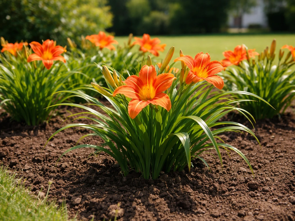 Orange daylilies planted in a sunny garden bed with bright direct light and green foliage.