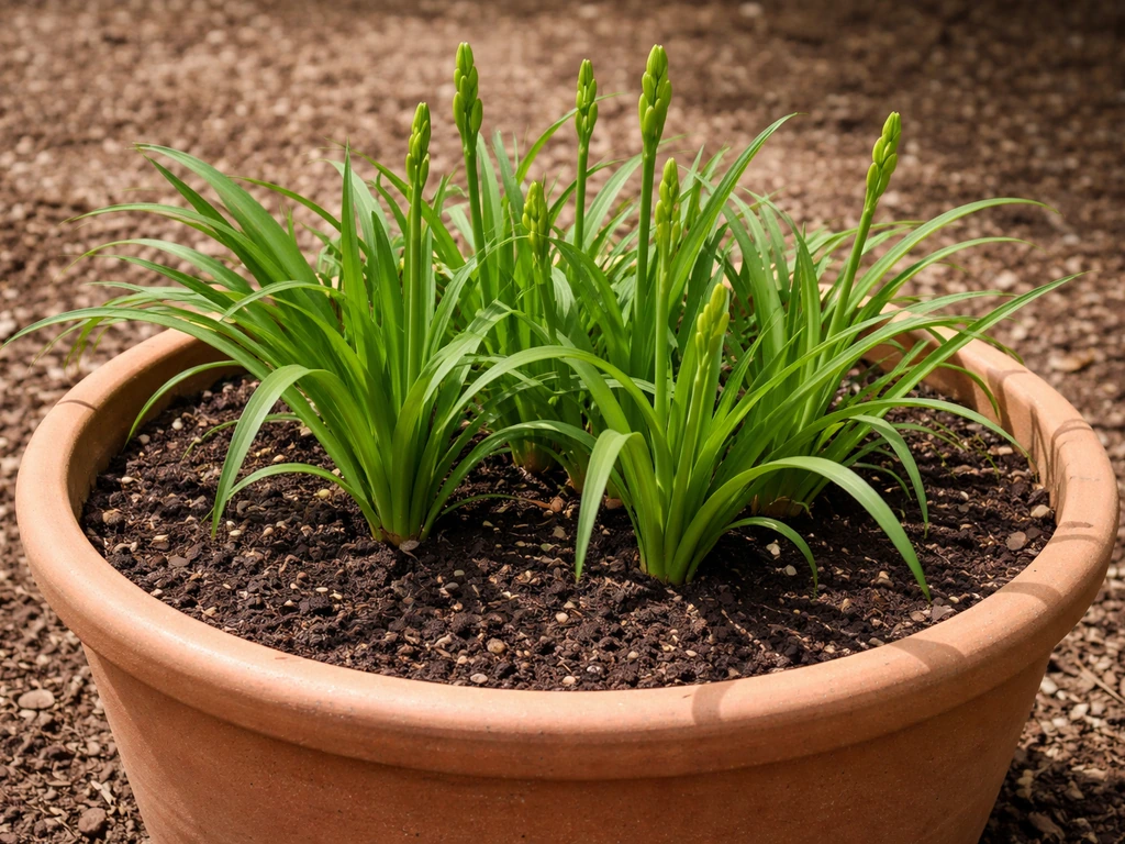 Healthy daylilies thriving in a large container with potting mix and green leaves