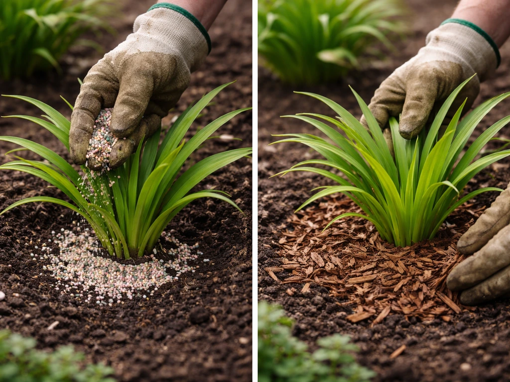 Gardener hands spread mulch around a daylily crown and apply balanced fertilizer in spring soil.